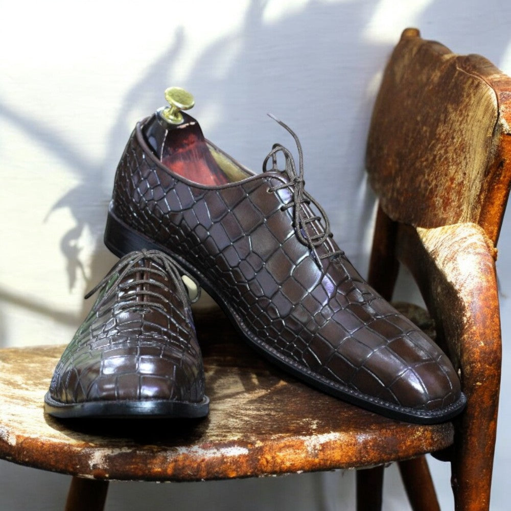 100% Handmade Goodyear Welted Alligator Print Whole Cut Leather Shoes For Men's - Posh Footwear