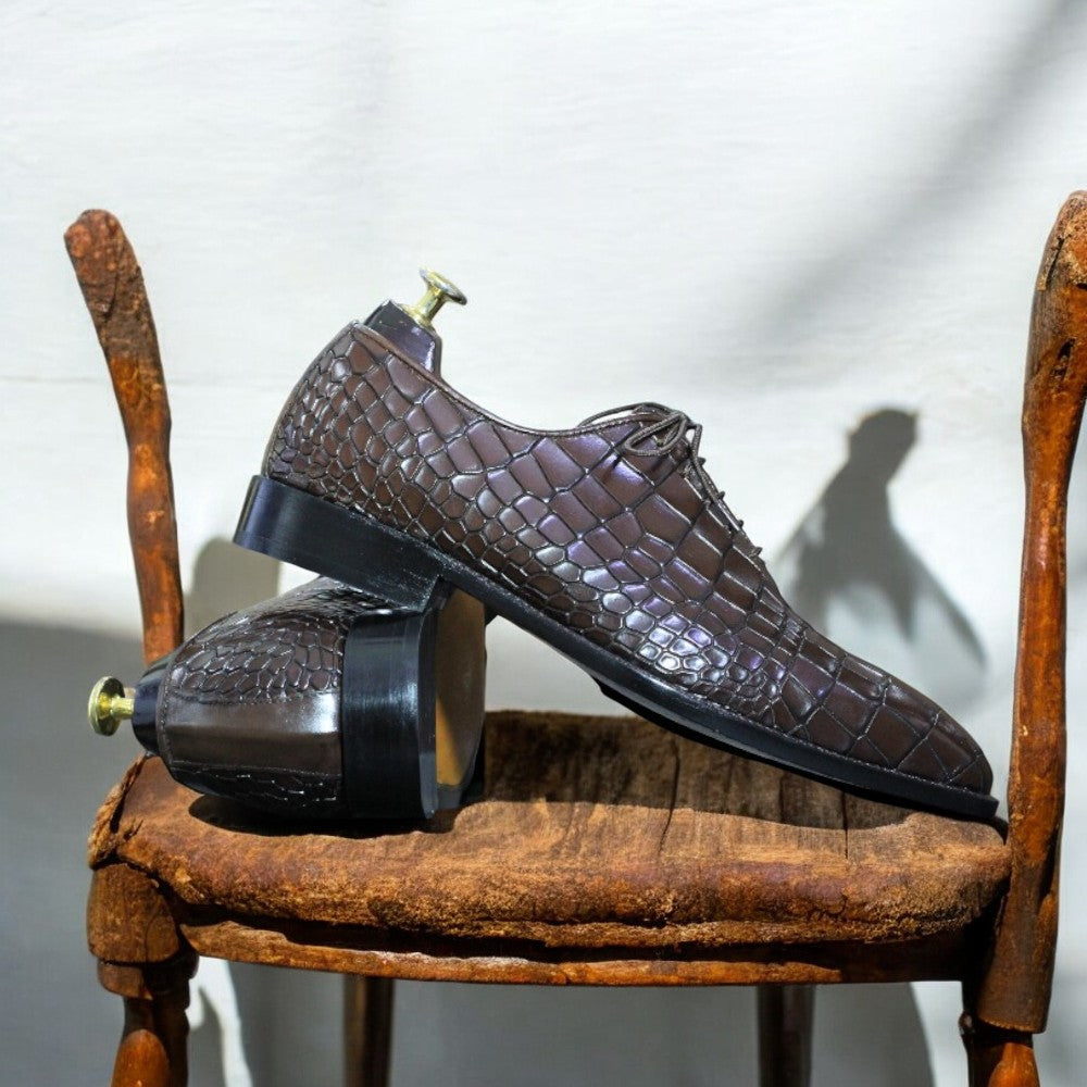 100% Handmade Goodyear Welted Alligator Print Whole Cut Leather Shoes For Men's - Posh Footwear