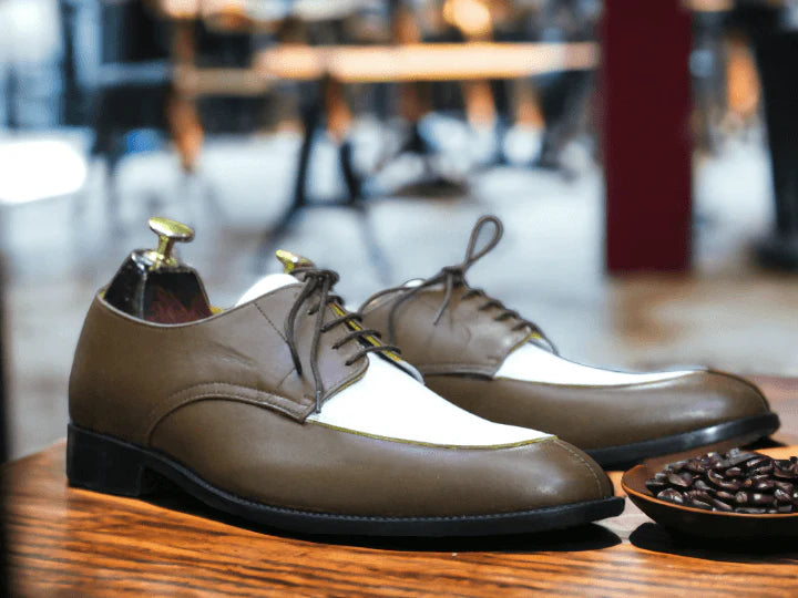 Handmade Black and White Leather Derby Lace-Up Shoes for Men