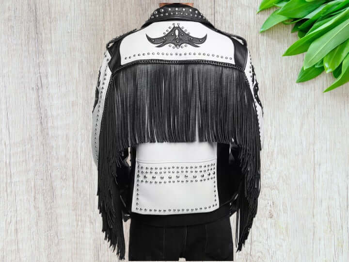 Men Two Tone Biker Studded White Leather Jacket