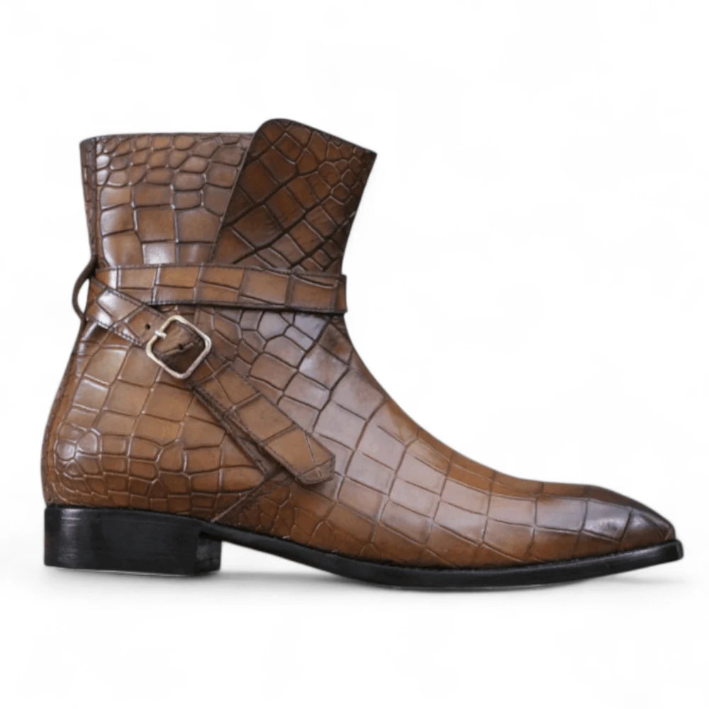 Handmade Men's Alligator Print Jodhpurs Boots, Men's Buckle Ankle High Boots, These stylish boots are crafted with a durable rubber sole and carefully stitched leather lining for a long-lasting shoe that is sure to have heads turning.