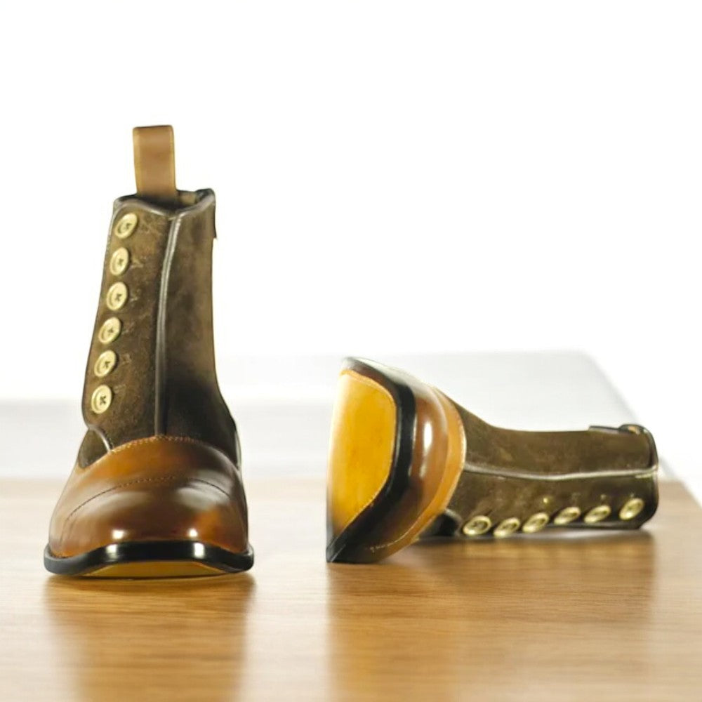 Ankle High Men's Brown Button Boot – Handcrafted Leather Boots with Leather Sole and Button Closure