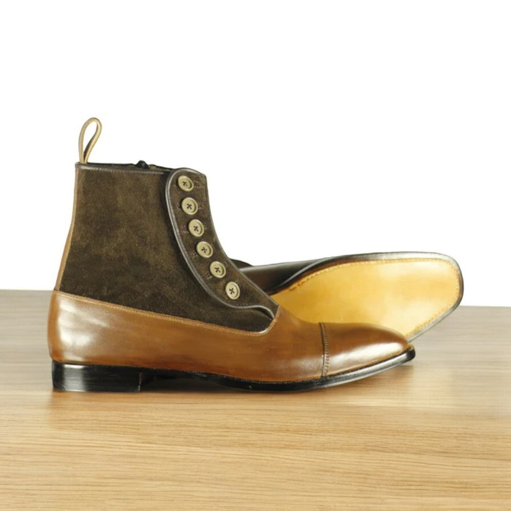 Ankle High Men's Brown Button Boot – Handcrafted Leather Boots with Leather Sole and Button Closure