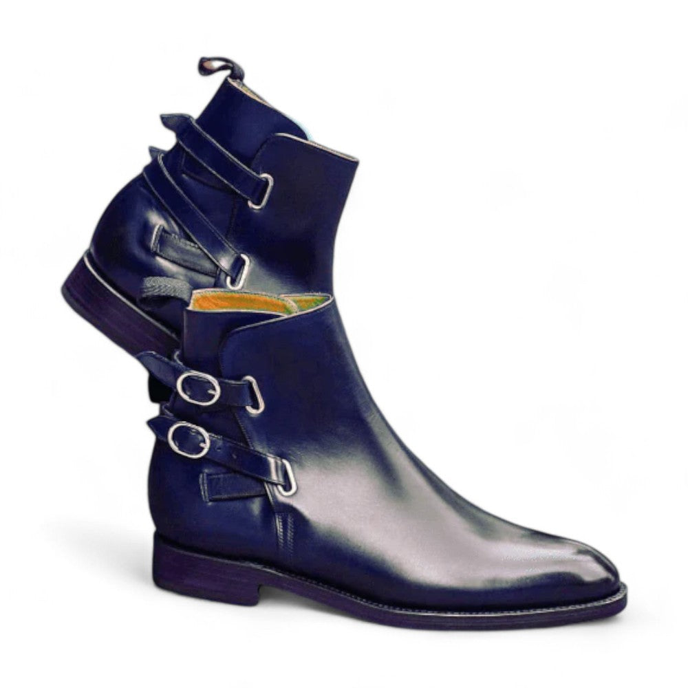 Handmade Men's Buckle Boot, Men's Blue Color Leather Double Buckle Casual Fashion Boot