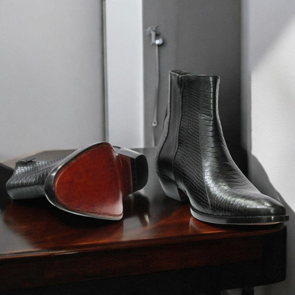 Handmade Python Textured Genuine Cowhide Leather Zipper Long Boots for Men