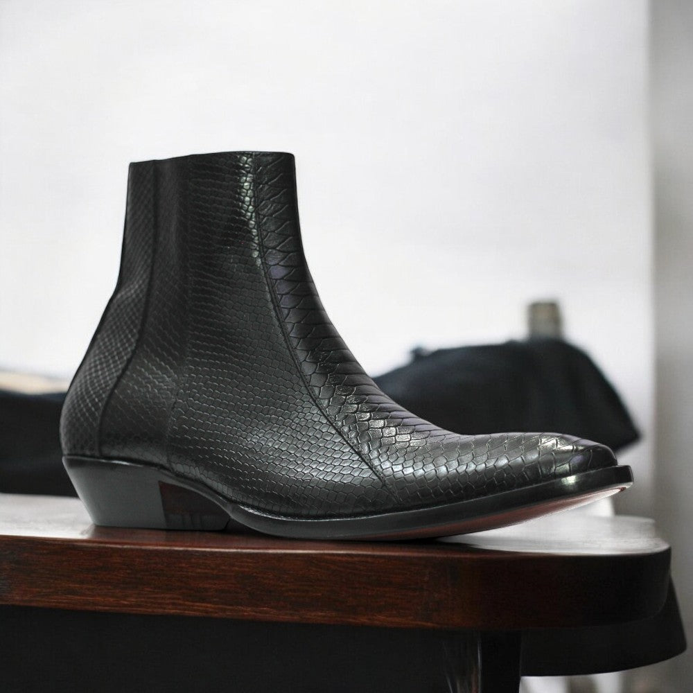 Handmade Python Textured Genuine Cowhide Leather Zipper Long Boots for Men
