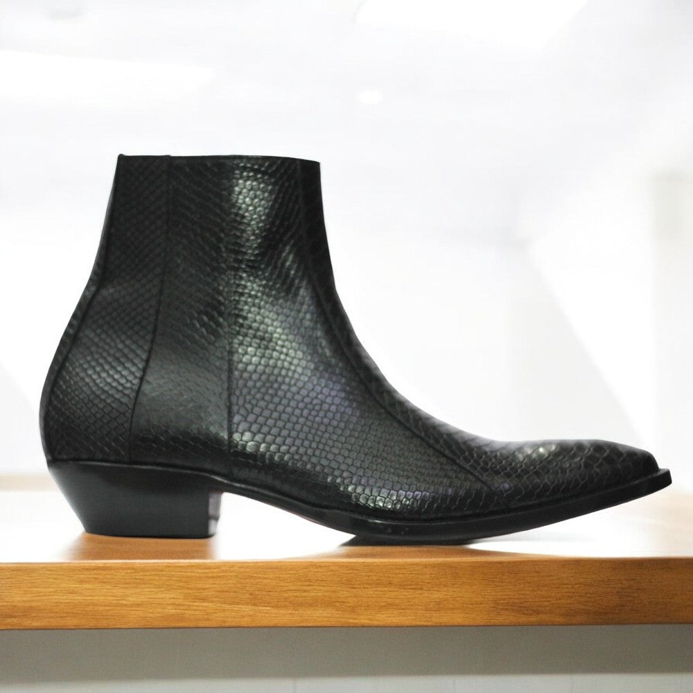 Handmade Python Textured Genuine Cowhide Leather Zipper Long Boots for Men