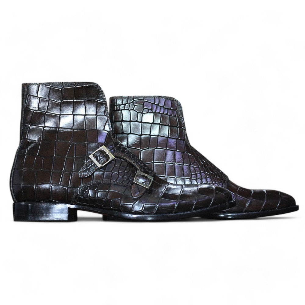 Handmade Alligator Textured Genuine Cow-Hide Leather Double Monk Boots For Men, Chukka Ankle Boots For Mens - Posh Footwear