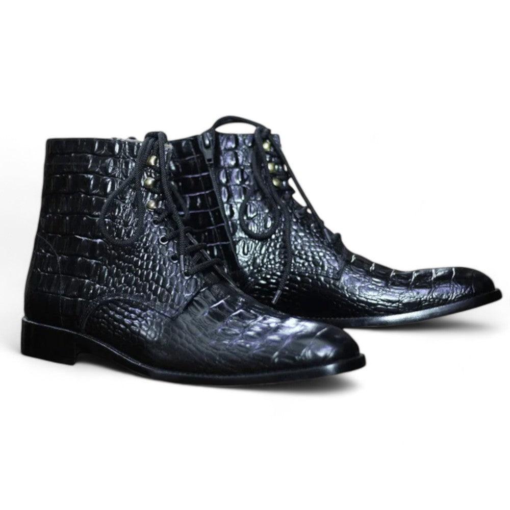 Handmade black alligator textured lace-up boots for men, crafted from premium leather, showcasing a classic design perfect for formal and casual occasions.