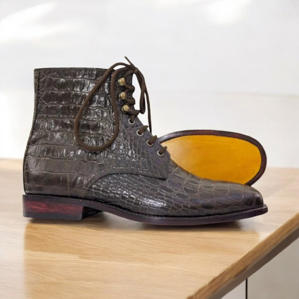 Handmade black alligator textured lace-up boots for men, crafted from premium leather, showcasing a classic design perfect for formal and casual occasions.
