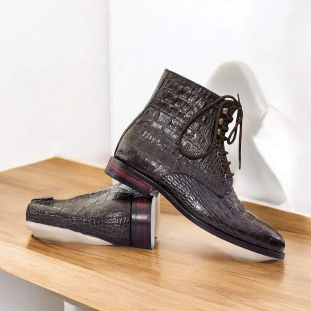 Handmade black alligator textured lace-up boots for men, crafted from premium leather, showcasing a classic design perfect for formal and casual occasions.