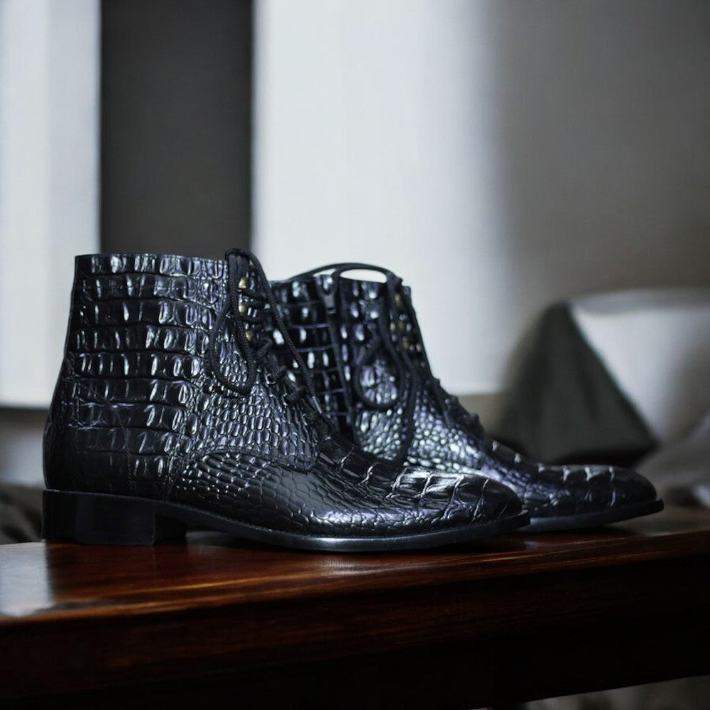 Handmade black alligator textured lace-up boots for men, crafted from premium leather, showcasing a classic design perfect for formal and casual occasions.