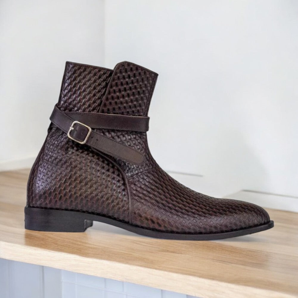 Men Handmade Brown Jodhpurs Woven Leather Boots