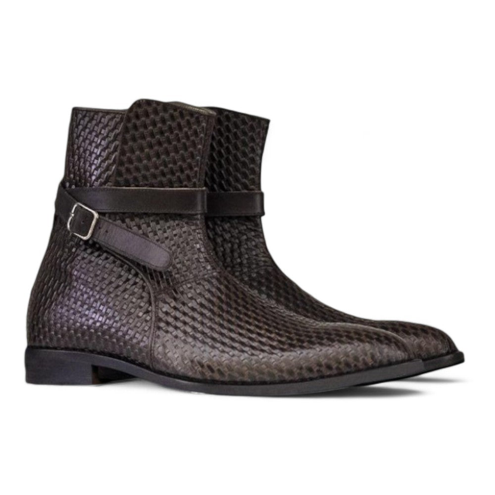 Men Handmade Brown Jodhpurs Woven Leather Boots