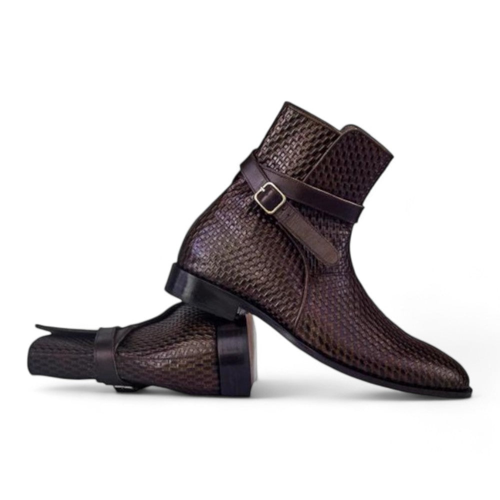 Men Handmade Brown Jodhpurs Woven Leather Boots