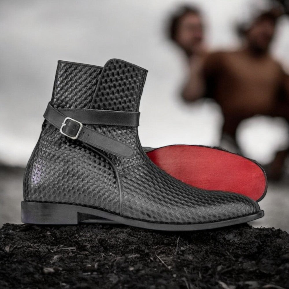 Men Handmade Brown Jodhpurs Woven Leather Boots