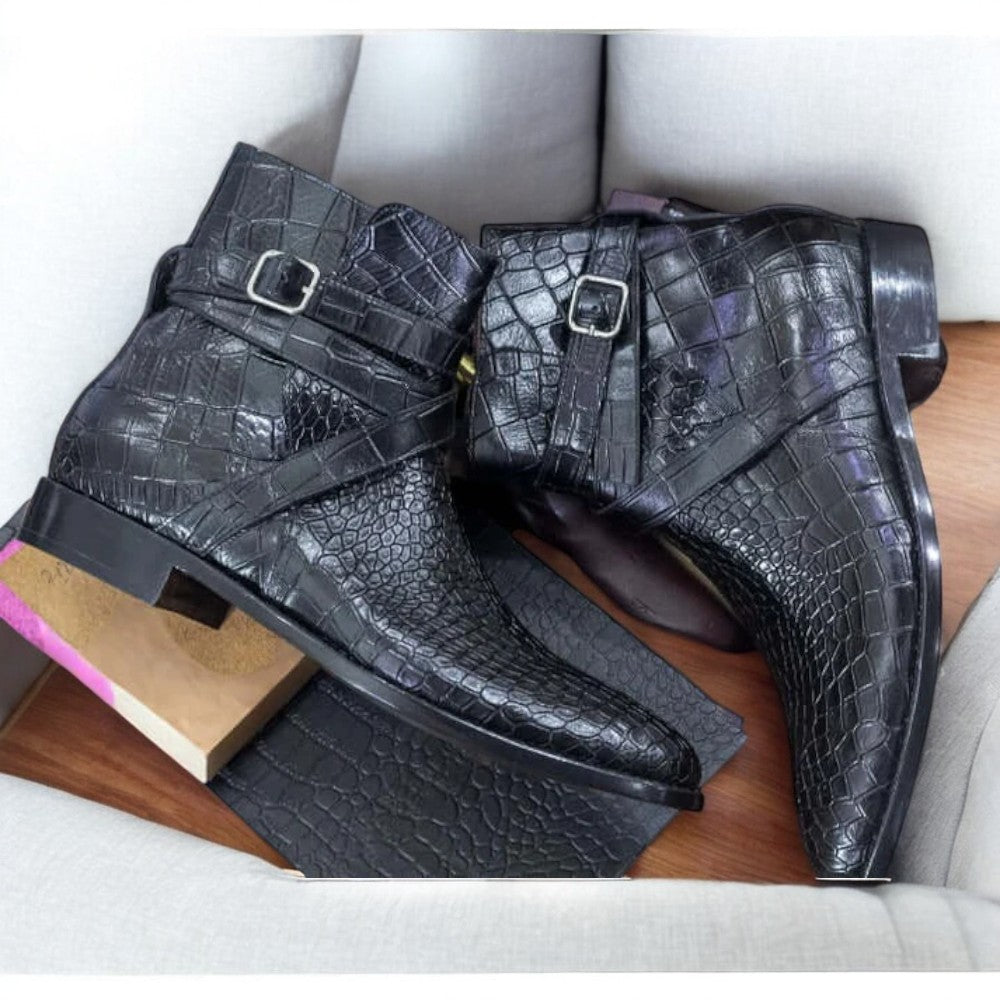 Men's Handmade Blue Alligator Jodhpurs Boot with Buckle Strap, Premium Leather, Ankle High, Classic and Stylish Design