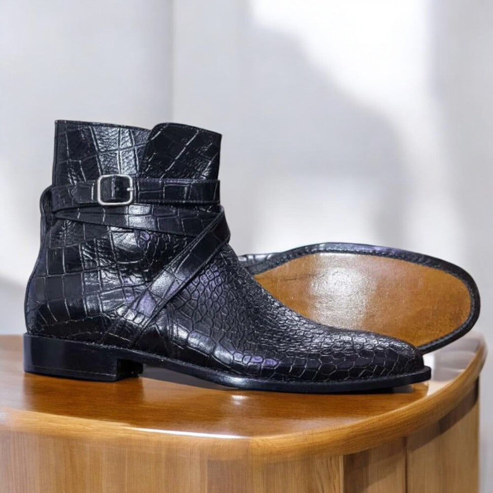 Men's Handmade Blue Alligator Jodhpurs Boot with Buckle Strap, Premium Leather, Ankle High, Classic and Stylish Design