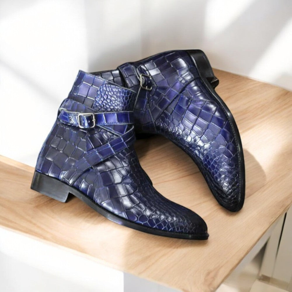 Men's Handmade Blue Alligator Jodhpurs Boot with Buckle Strap, Premium Leather, Ankle High, Classic and Stylish Design