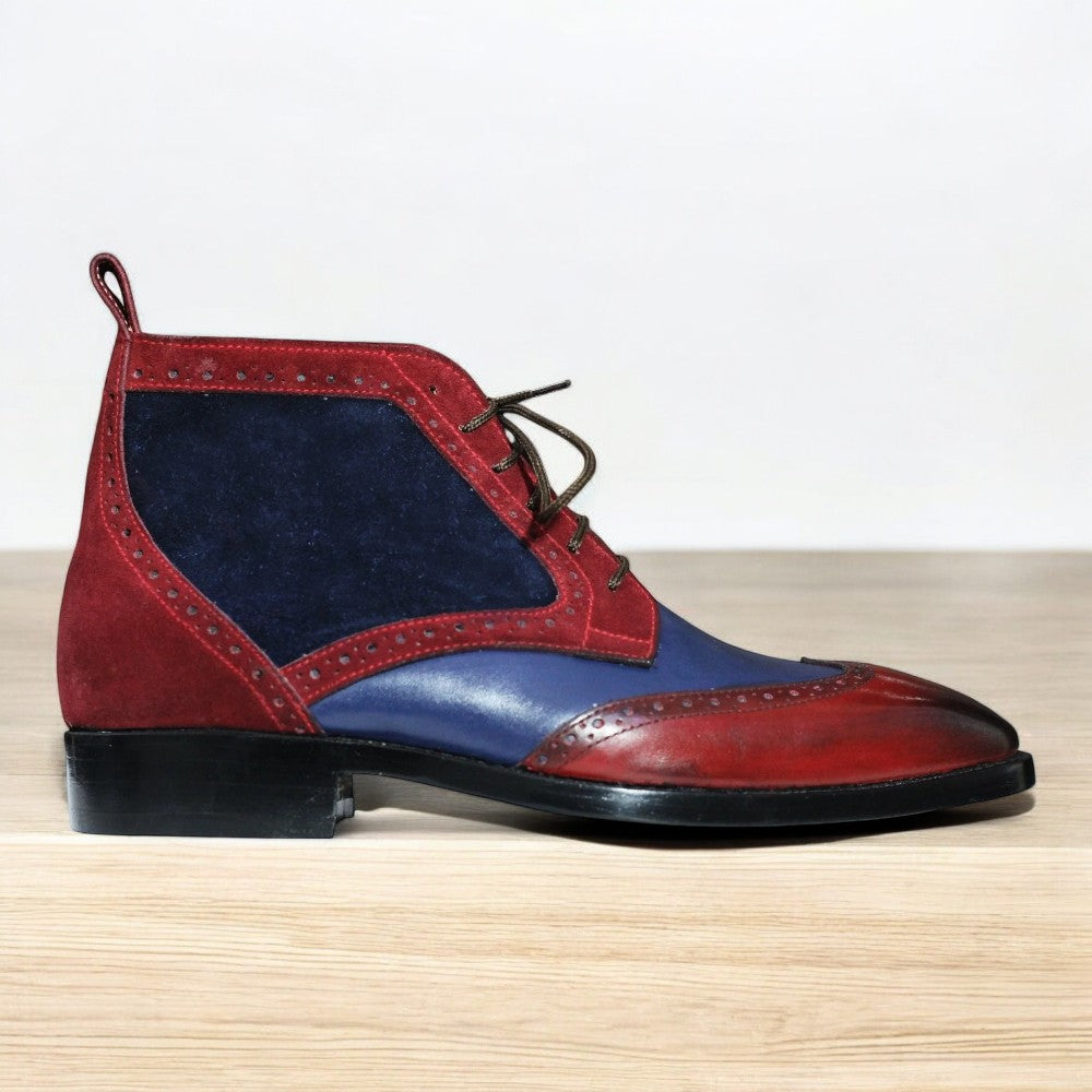 Handmade Burgundy & Navy Cowhide Leather and Suede Wing Tip Chukka Lace Up Boots For Men's - Posh Footwear