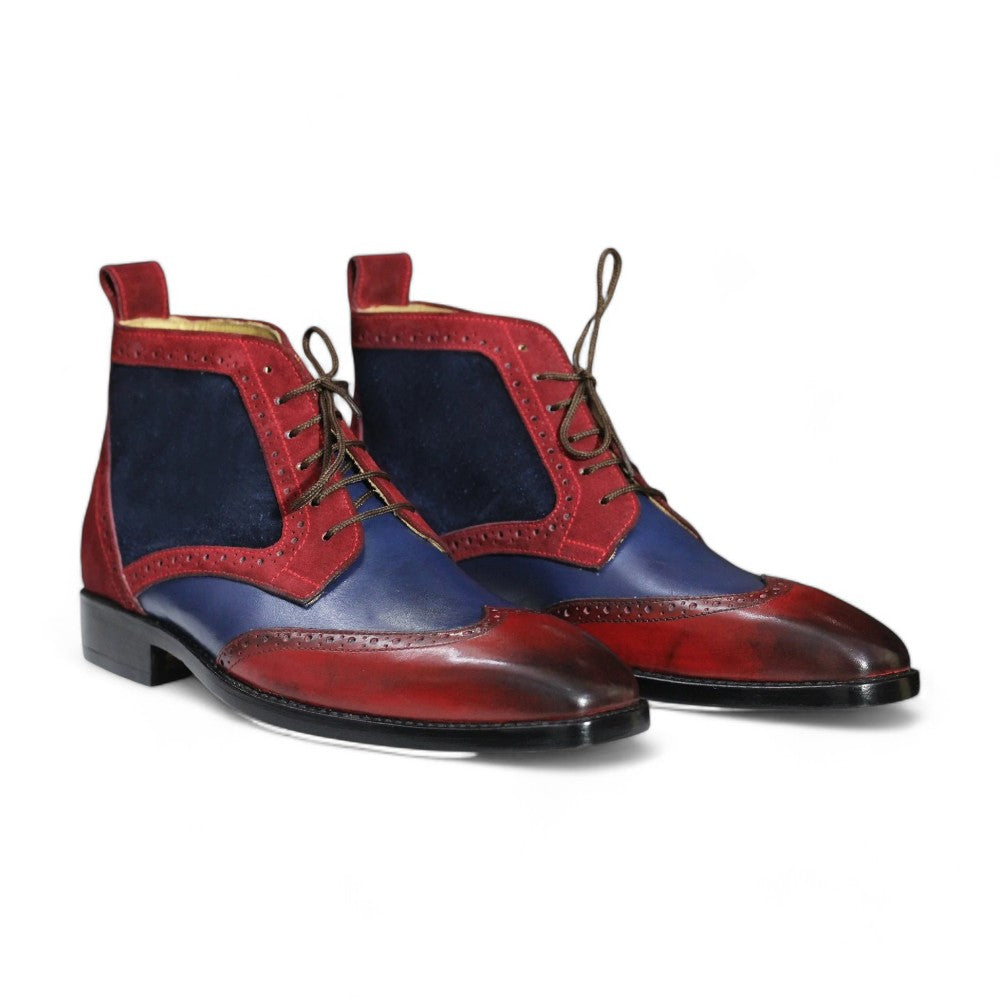 Handmade Burgundy & Navy Cowhide Leather and Suede Wing Tip Chukka Lace Up Boots For Men's - Posh Footwear