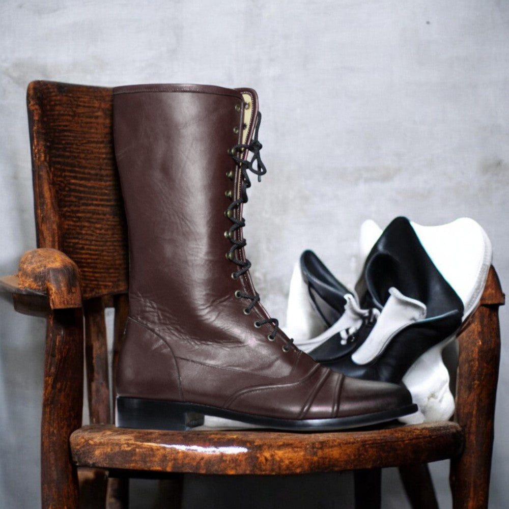Handmade men's cap toe long boots in Brown leather, premium craftsmanship