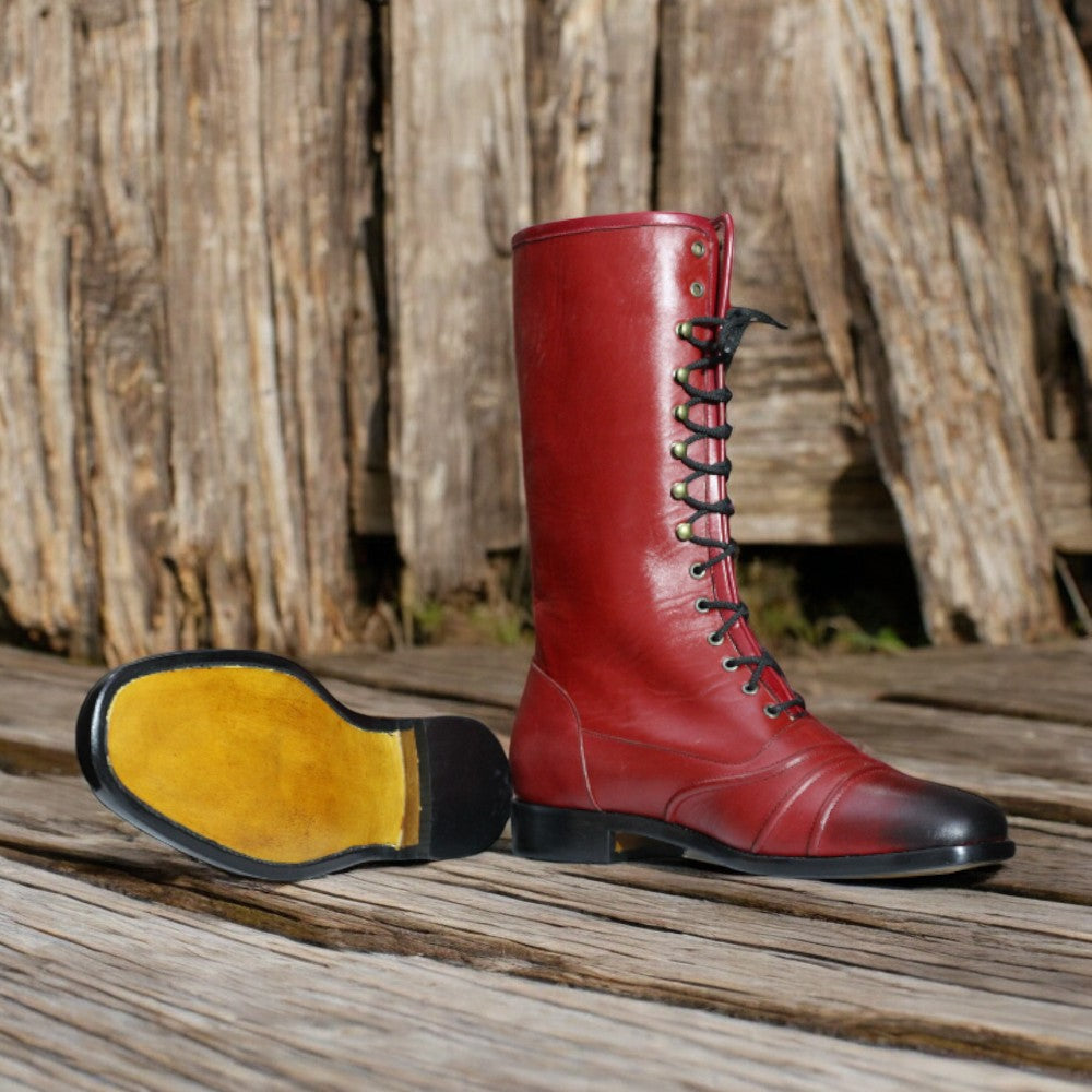 Handmade men's cap toe long boots in burgundy leather, premium craftsmanship
