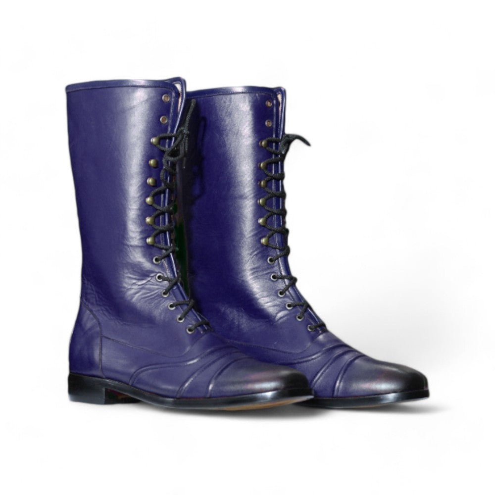 Handmade men's cap toe long boots in NAvy Blue leather, premium craftsmanship