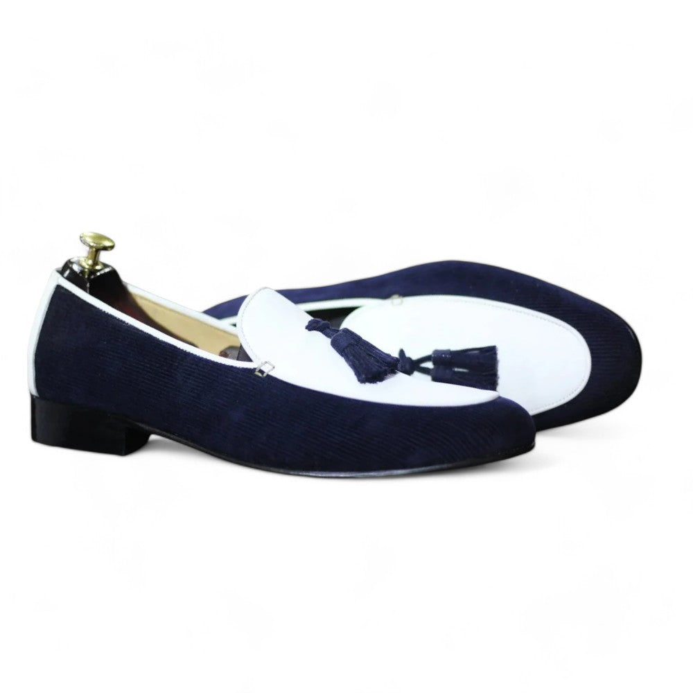 Handmade Corduroy & Cow-Hide Leather Tussles Loafers For Men, Dress Formal Slip On Shoes For Men's