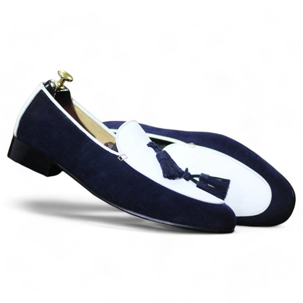 Handmade Corduroy & Cow-Hide Leather Tussles Loafers For Men, Dress Formal Slip On Shoes For Men's