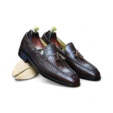 Handmade Fish Skin Textured Genuine Cow-Hide Leather Round Toe Tussle Loafers For Men, Dress Formal Slip On Moccasins For Men's