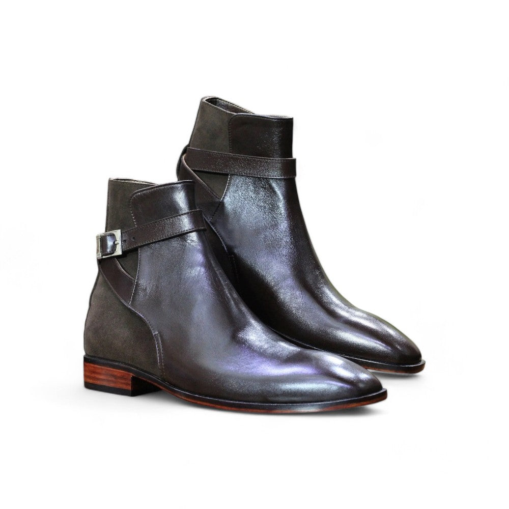 Handmade Genuine Cow-Hide Leather & Suede Long Jodhpur Boots For Men, Ankle High Buckle Brown Exotic Boots For Men's