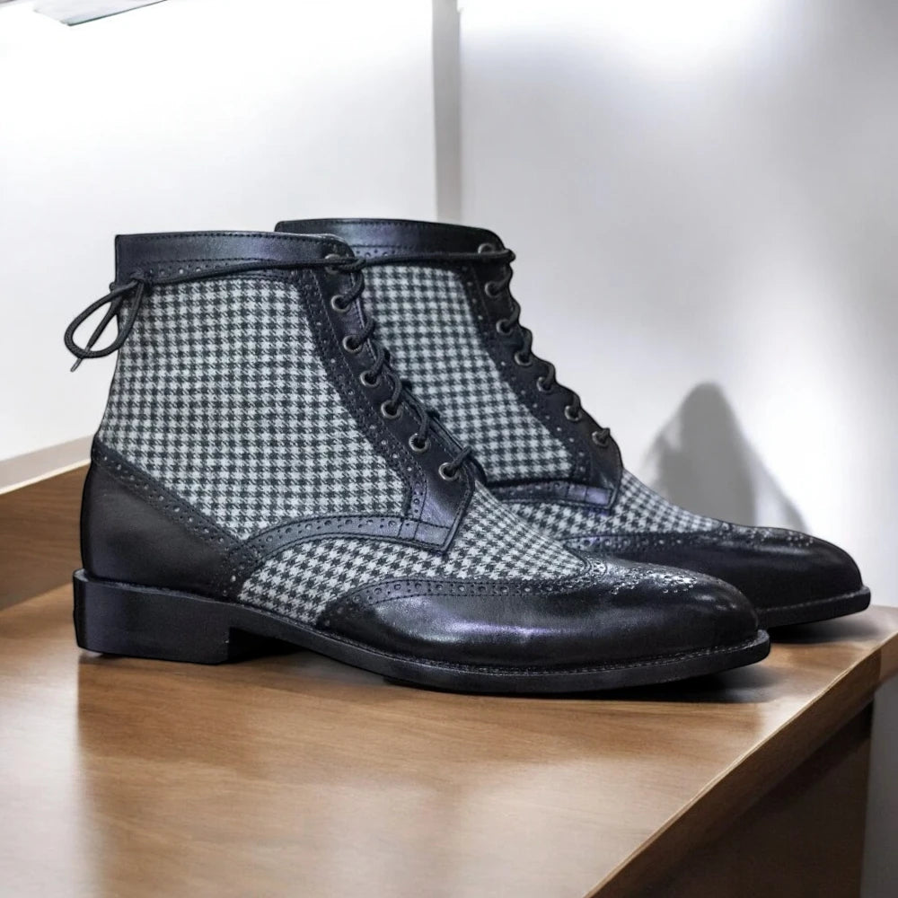 Handmade Genuine Cow-Hide Leather & Tweed Wing Tip Brogue Lace Up Boots