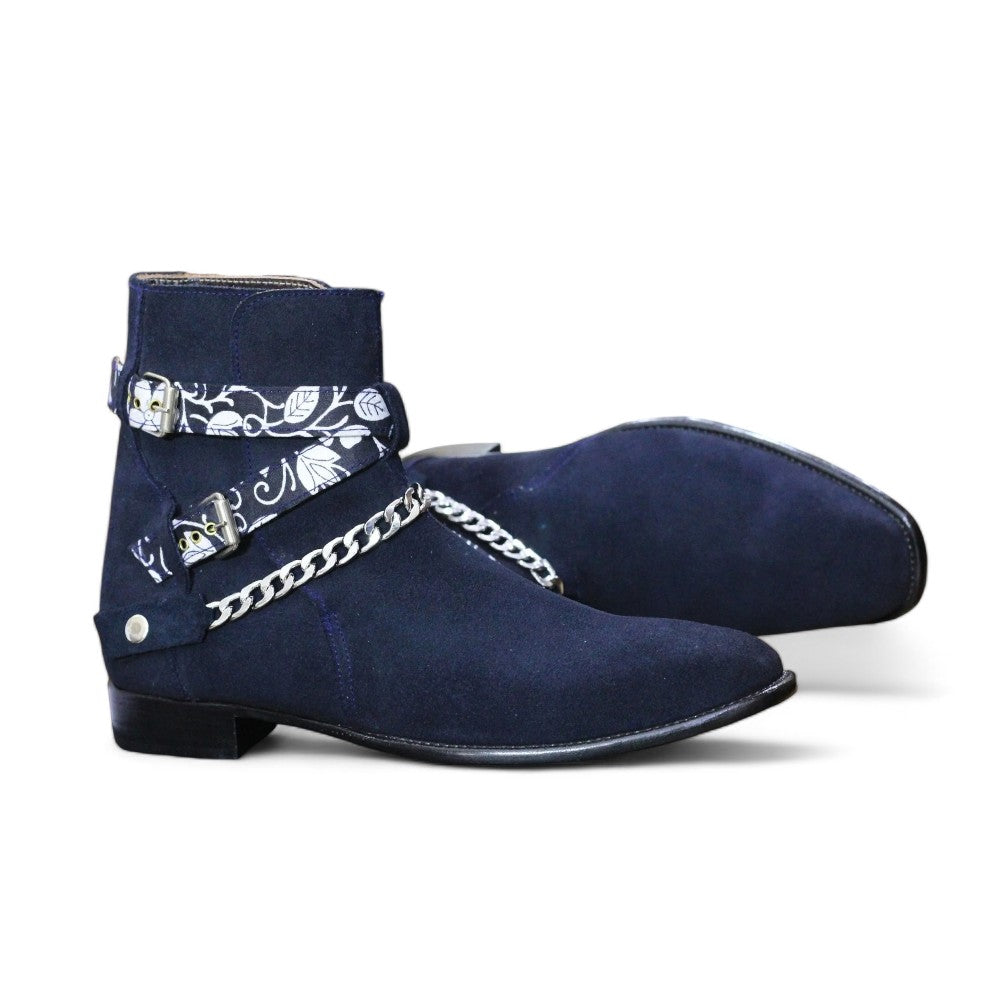 Handmade Genuine Suede Leather Chain Strap Ankle High Boots For Men, Dress Formal Buckle Boots For Men's