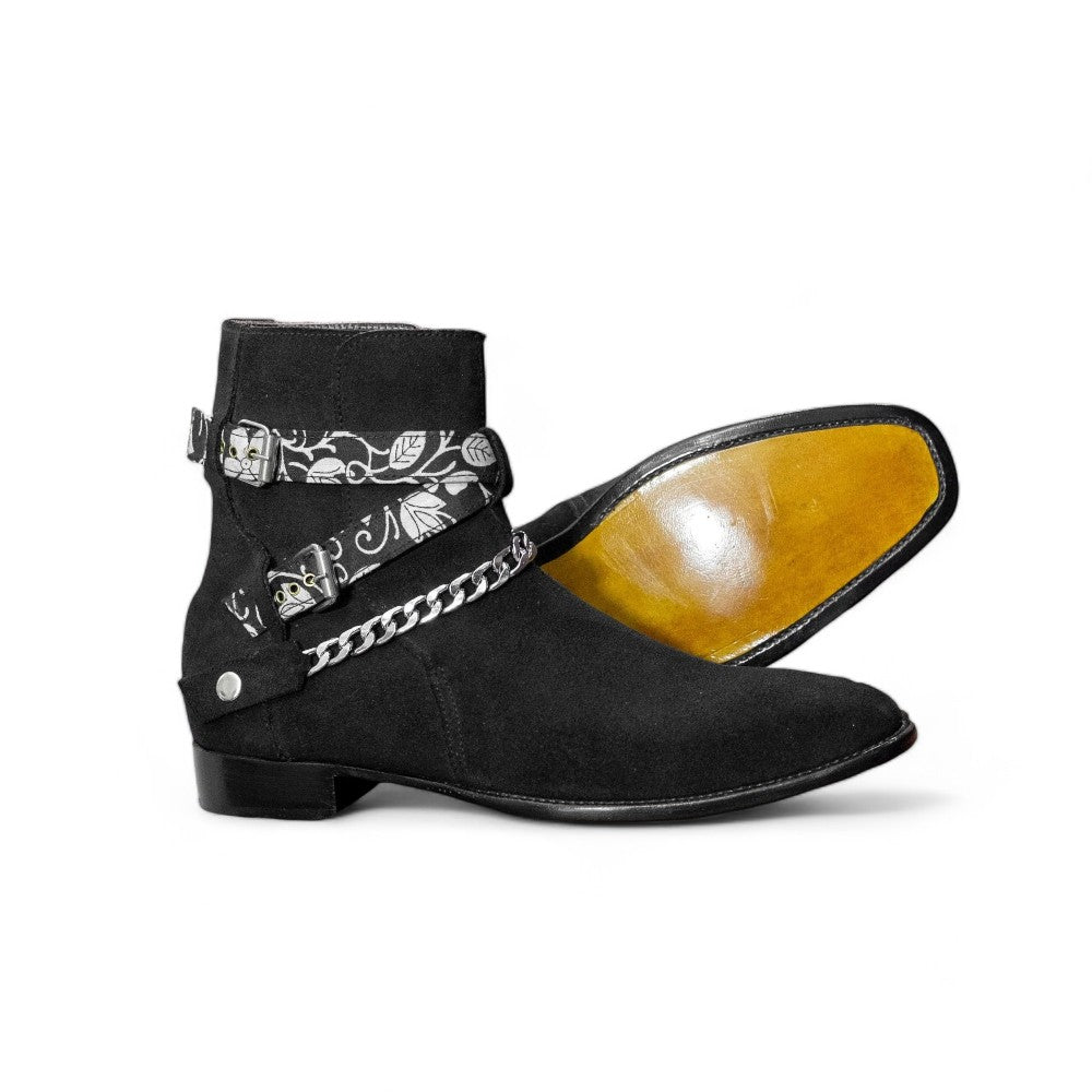 Handmade Genuine Suede Leather Chain Strap Ankle High Boots For Men, Dress Formal Buckle Boots For Men's