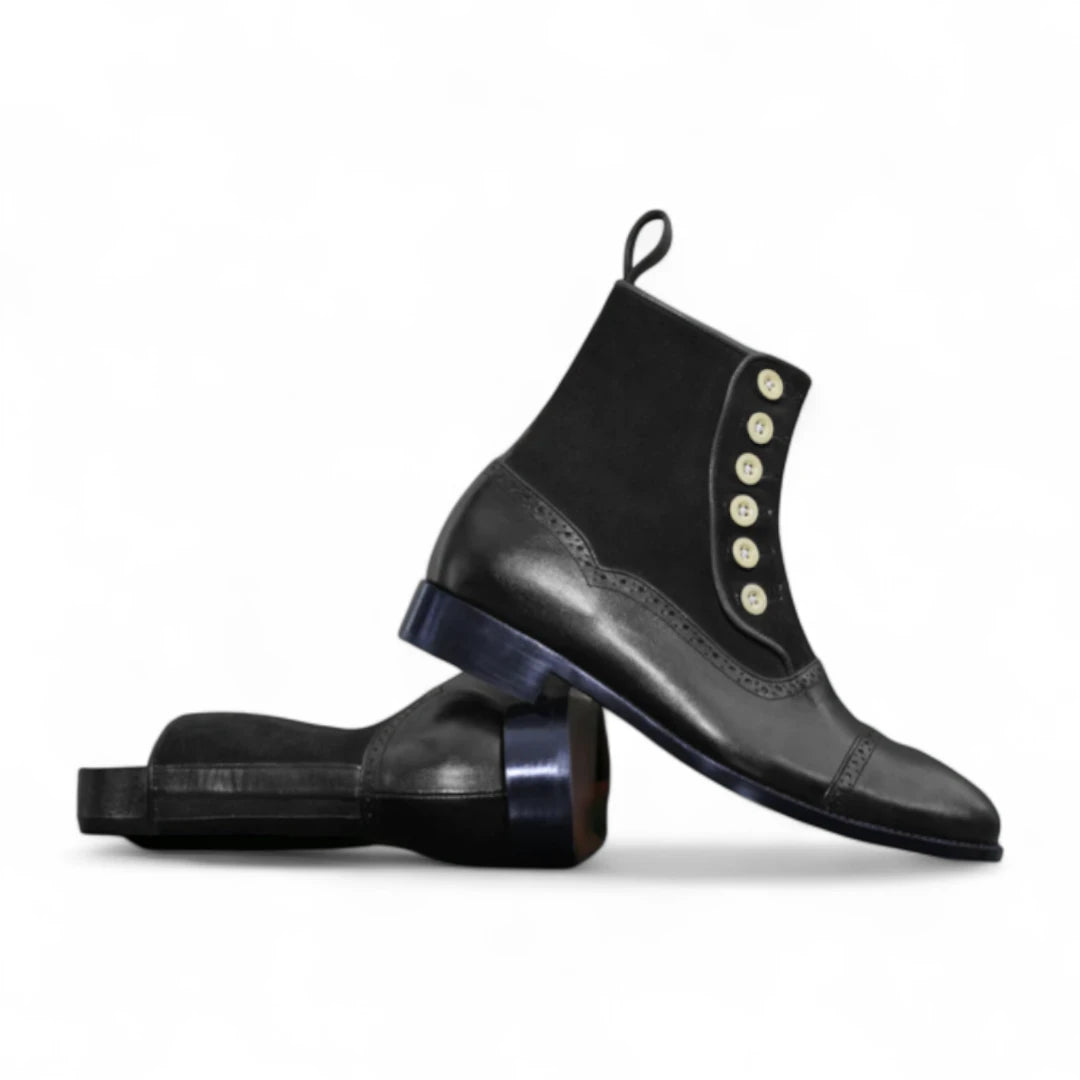 Black leather ankle boots with button details on a white background