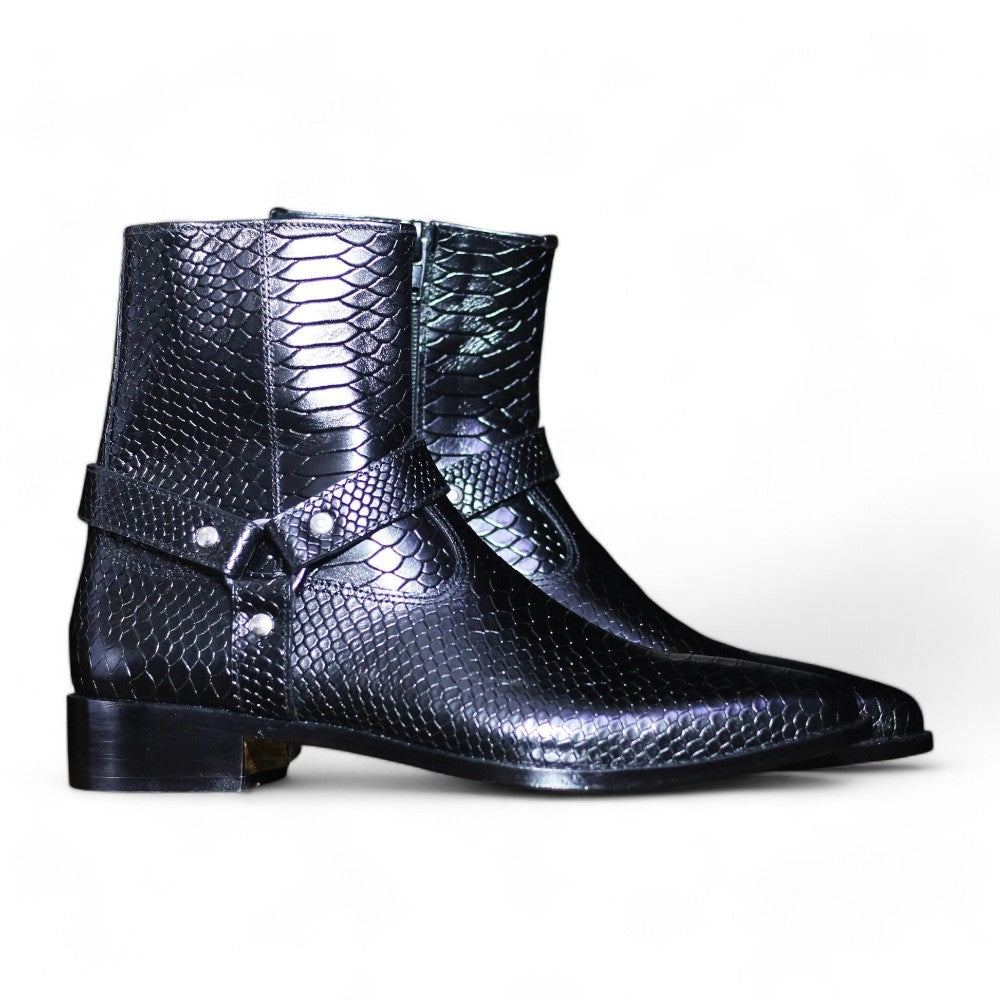 Handmade Python Textured Genuine Cow-Hide Leather Buckle Long Boots For Men, Ankle High Boots For Men's 