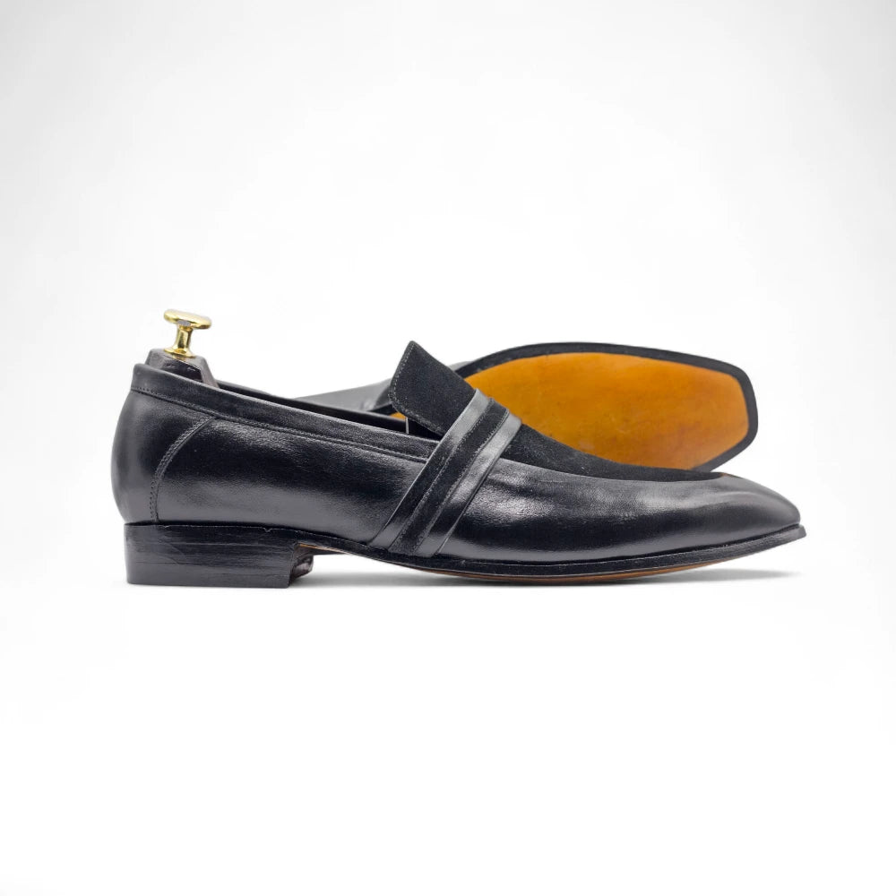 Men's handmade black leather loafer slip-on shoes

