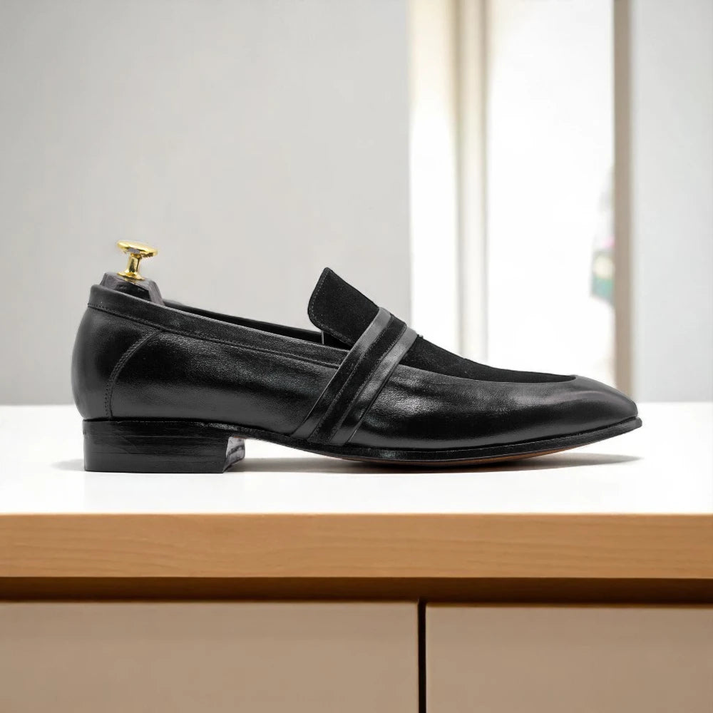 Black slip-on leather dress shoes handcrafted for men

