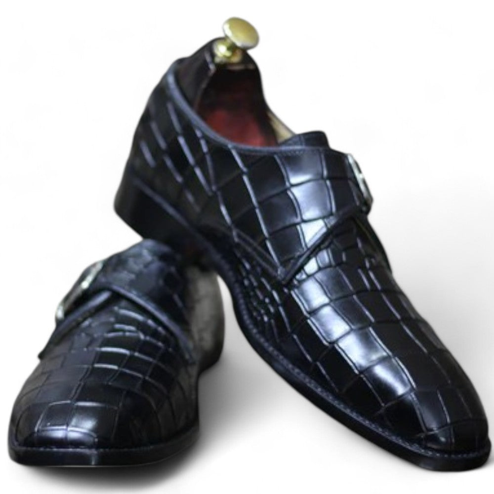 Handmade Single Monk Alligator Textured Shoes, Leather Black Shoes For Men's
