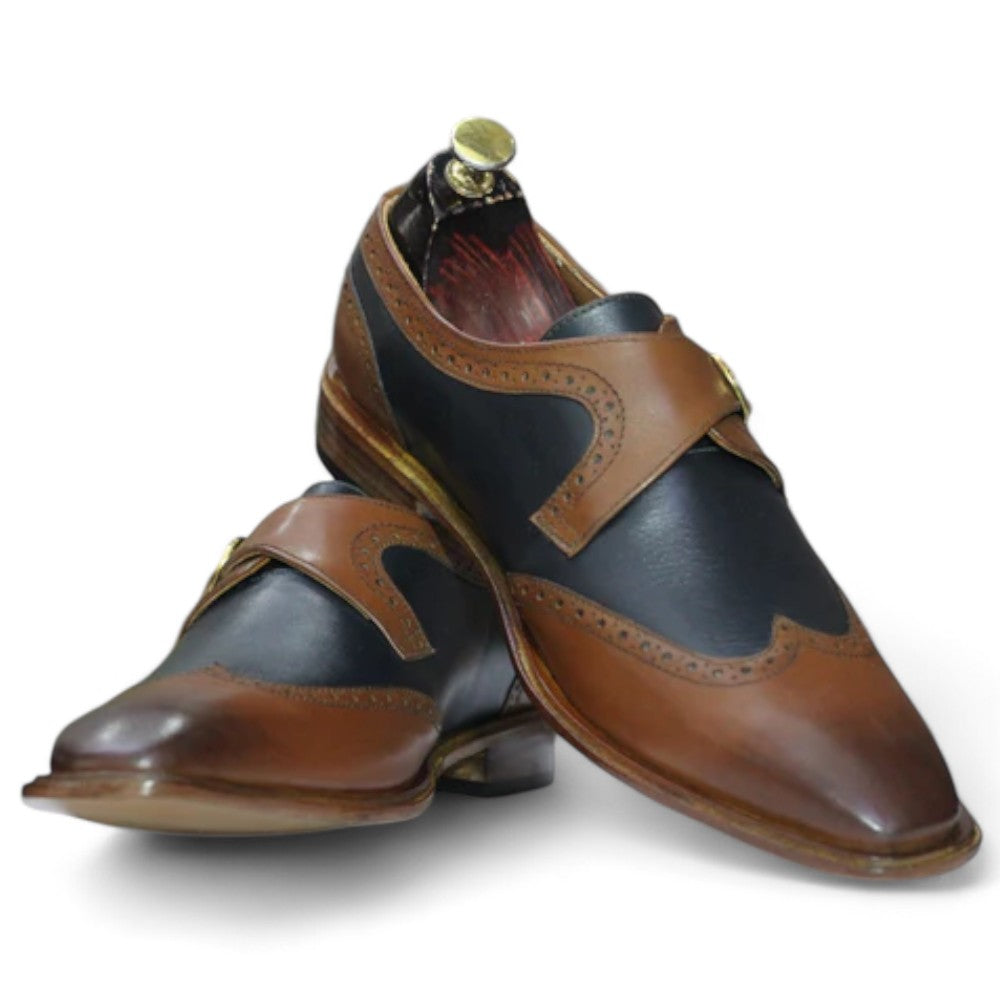 Handmade Single monk Strap Wing Tip Shoes, Leather Two Tone Shoes For Men's