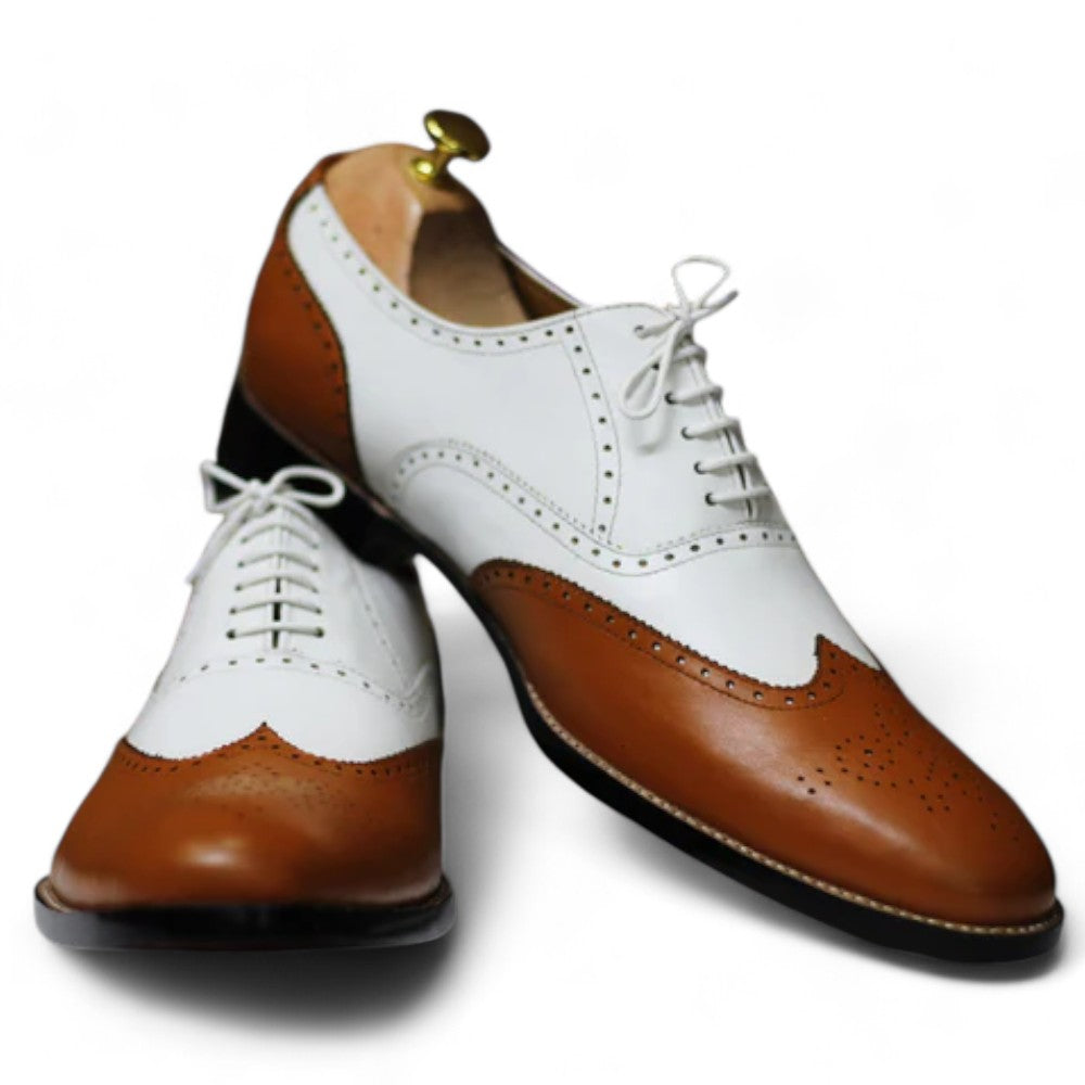 Handmade Wing Tip Brogue Brown & White Goodyear Welted Lace Up Shoes For Men's