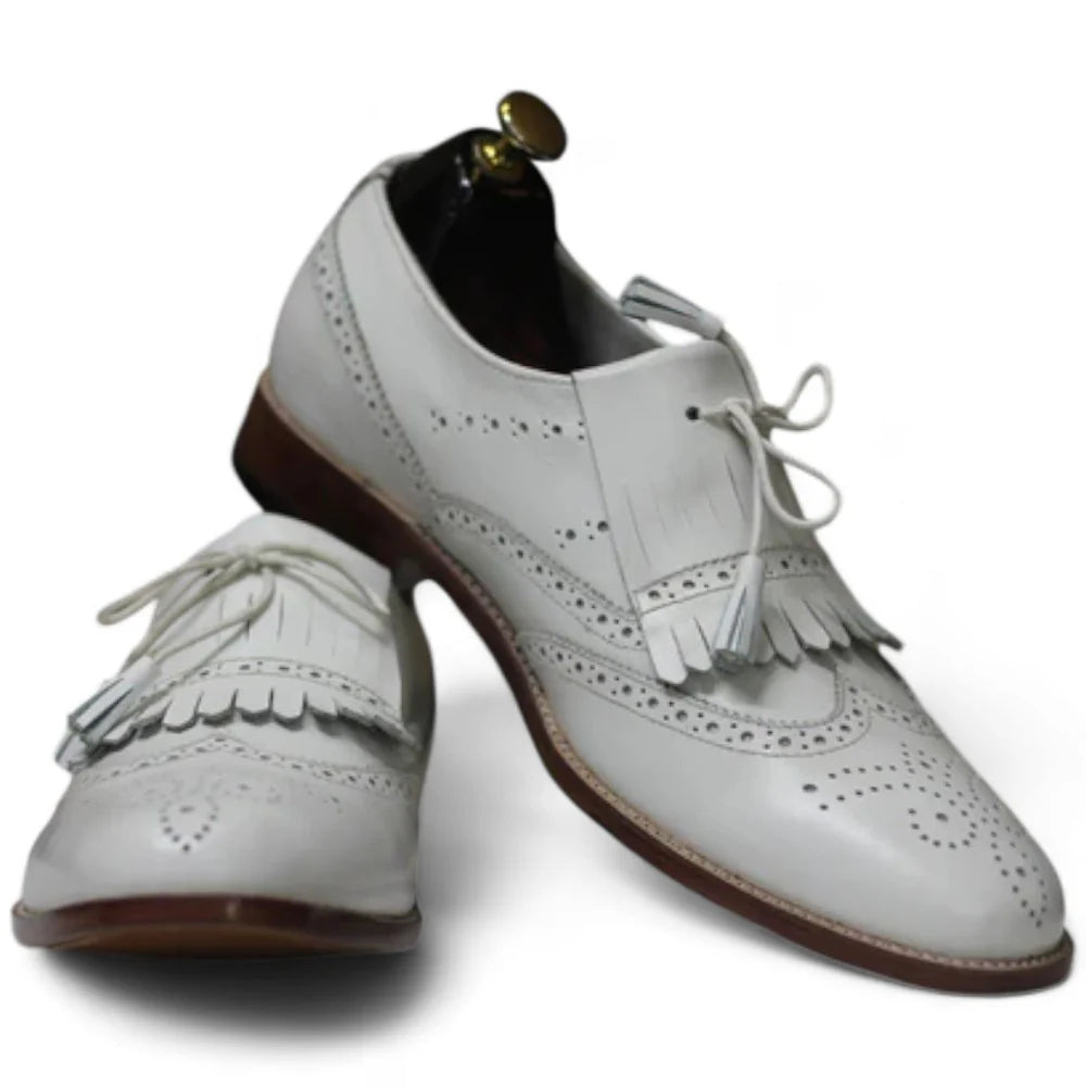 Handmade Men's Black & White Fringe Wing Tip Lace-Up Leather Shoes – Stylish Formal Footwear