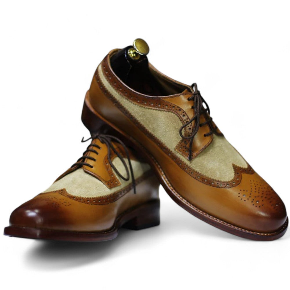 Handmade Wing Tip Brogue Oxford Two Tone Leather & Suede Shoes, Brown Shoes For Men's
