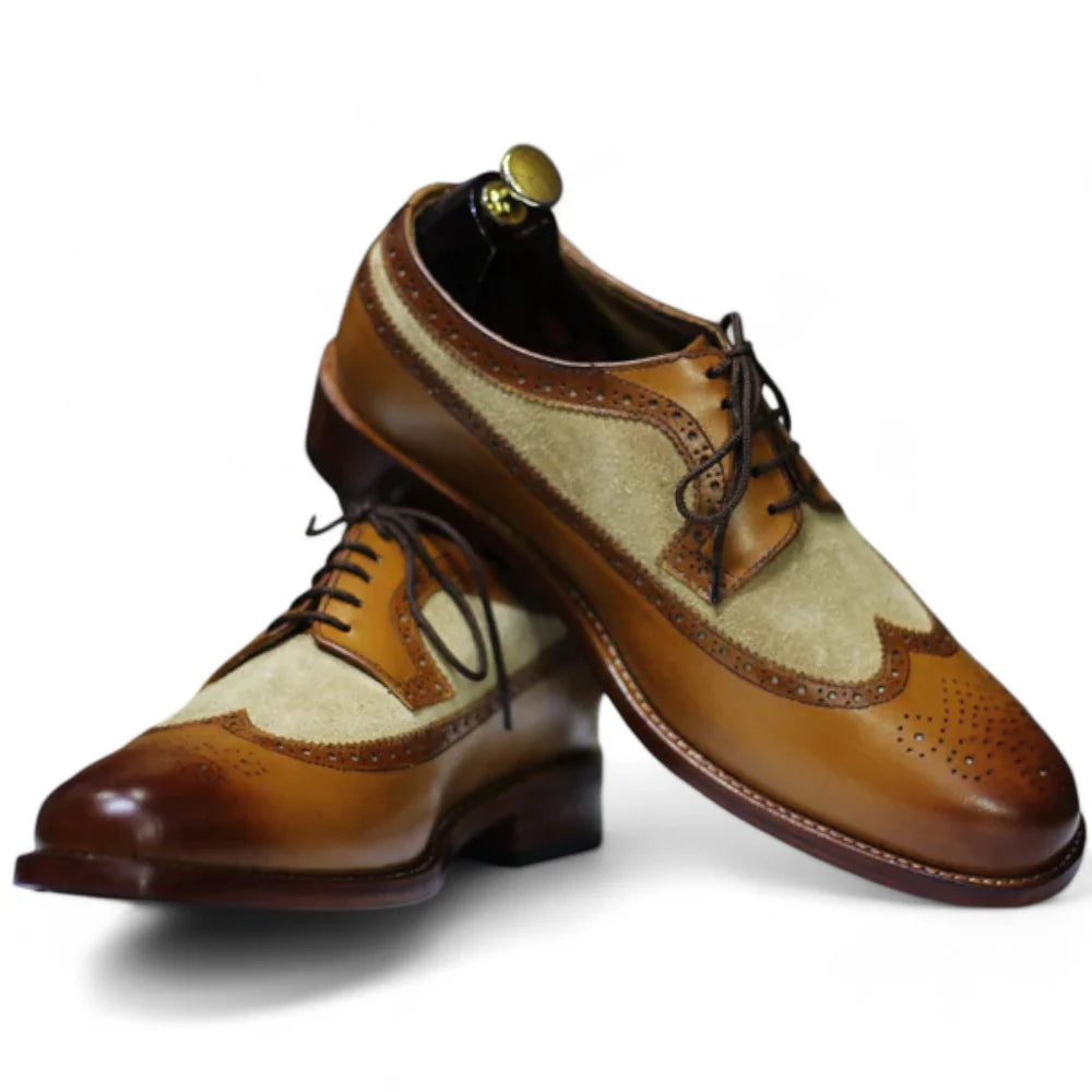Handmade Wing Tip Brogue Oxford Two Tone Leather & Suede Shoes, Brown Shoes For Men's