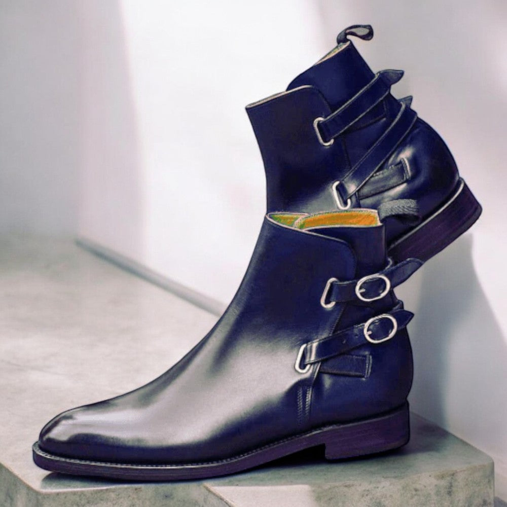 Handmade Men's Buckle Boot, Men's Blue Color Leather Double Buckle Casual Fashion Boot