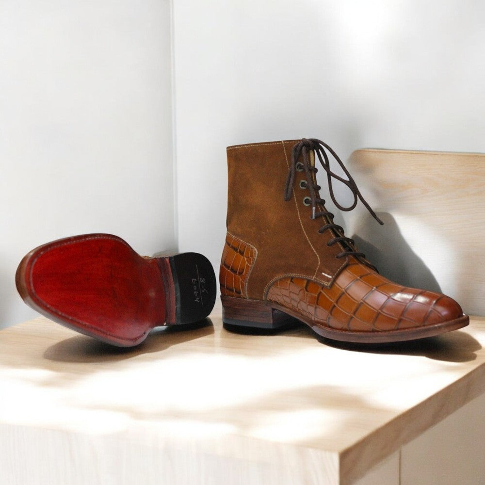 Handmade two-tone alligator textured leather boots for men, showcasing a luxurious design with unique textures, ideal for formal and upscale casual wear