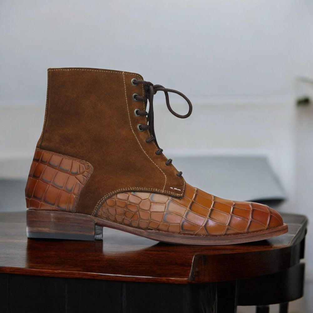 Handmade two-tone alligator textured leather boots for men, showcasing a luxurious design with unique textures, ideal for formal and upscale casual wear