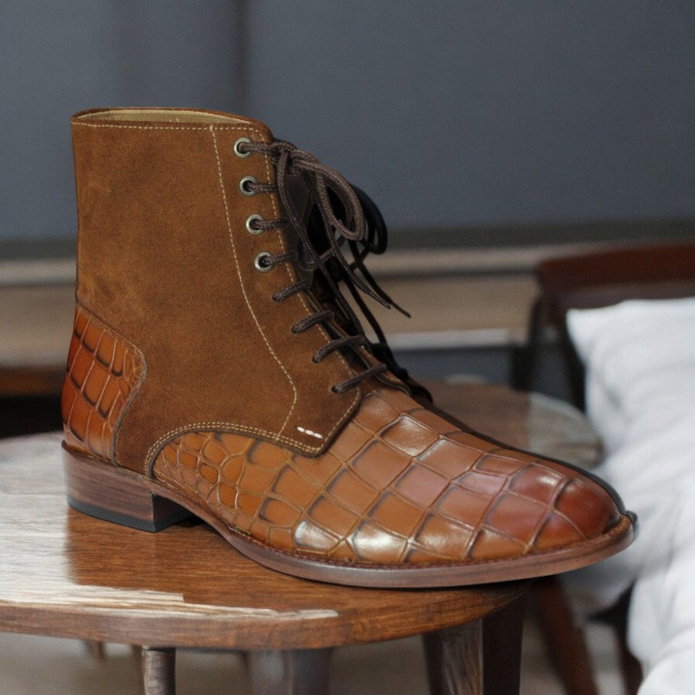 Handmade two-tone alligator textured leather boots for men, showcasing a luxurious design with unique textures, ideal for formal and upscale casual wear