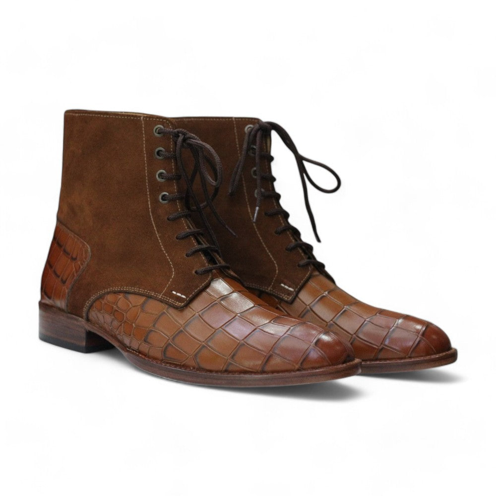 Handmade two-tone alligator textured leather boots for men, showcasing a luxurious design with unique textures, ideal for formal and upscale casual wear